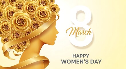 International women's day concept with an elegant golden woman silhouette adorned with blooming roses and flowing ribbons, 8 march celebration design.