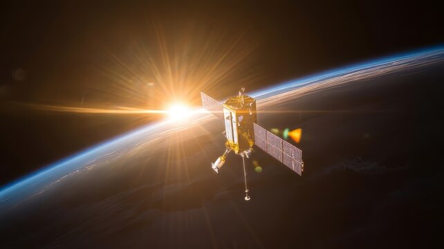 Satellite in orbit at sunrise
