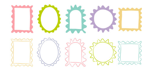 Hand-drawn Wiggly edges frames set, Geometric shape with zig zag borders, Jagged borders, Frames Labels, Badges, scribble frame collection, Drawing line doodle decorative elements Vector illustration