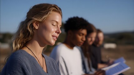 A diverse group of young adults engaged in outdoor learning and study sessions under a clear blue sky