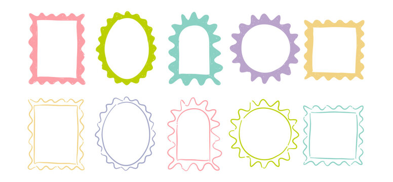 Hand-drawn Wiggly edges frames set, Geometric shape with zig zag borders, Jagged borders, Frames Labels, Badges, scribble frame collection, Drawing line doodle decorative elements Vector illustration