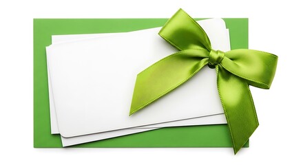 Green envelope and blank white cards tied with a vibrant satin green ribbon bow, ready for a personalized message, invitation, or greeting card on a clean white background.