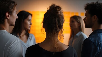 Diverse team of colleagues collaborating around a wall filled with yellow sticky notes during a planning session