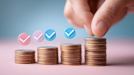 Human hand placing final coin onto ascending stack representing financial achievement and successful verification