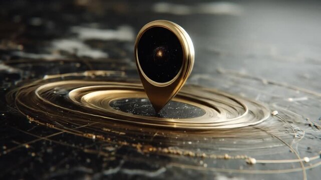 Abstract gold location marker animation on dark surface with ring elements