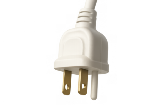 White electrical power plug with two flat pins and one round ground pin for us standard outlets connecting devices