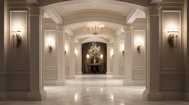 Stunning grand entrance hall with marble floor, elegant columns, and stylish lighting, perfect for luxury hotel, upscale residence, or sophisticated venue