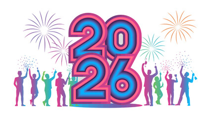 New Year 2026 Celebration: A vibrant silhouette display captures the excitement of a new beginning, with fireworks erupting amidst figures raising a toast to 2026.