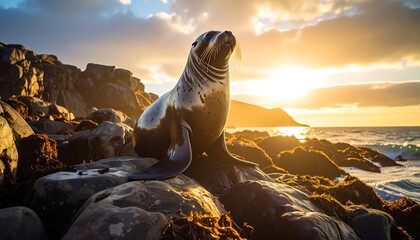 A sea lion basks in the golden light of sunset on a rocky coast
