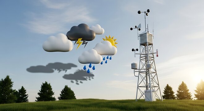 Weather station monitoring sunny and stormy skies in a green field, forecasting the future climate with advanced technology and a touch of playful illustration