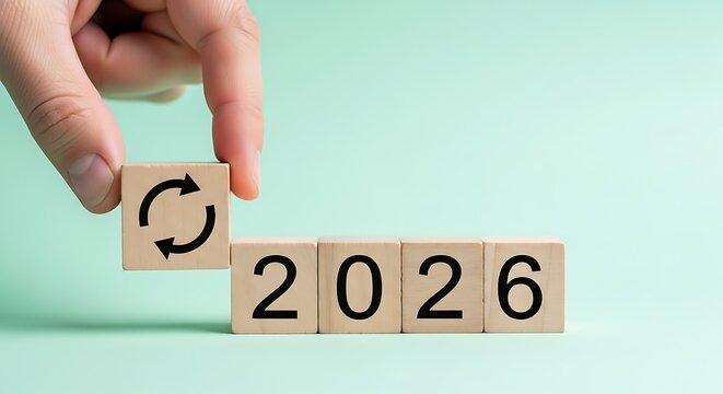 Hand placing a block with refresh icon to complete the year 2026, symbolizing new beginnings and future planning - Powered by Adobe