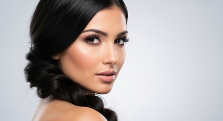 Beautiful Woman with Dark Hair Styled in a Long Side Braid and Makeup Close Up Portrait