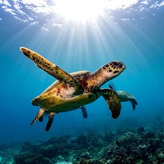 A sea turtle swims towards the light in an underwater scene