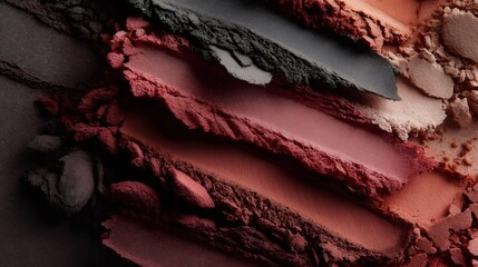 Close up macro photograph capturing the vibrant hues and diverse textures of crushed eye shadow makeup, creating an abstract and visually appealing composition