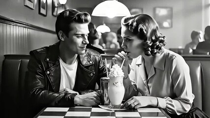 Black and White Photo of Young Retro Couple Sharing Ice Cream Milkshake in a Vintage 1950s Diner