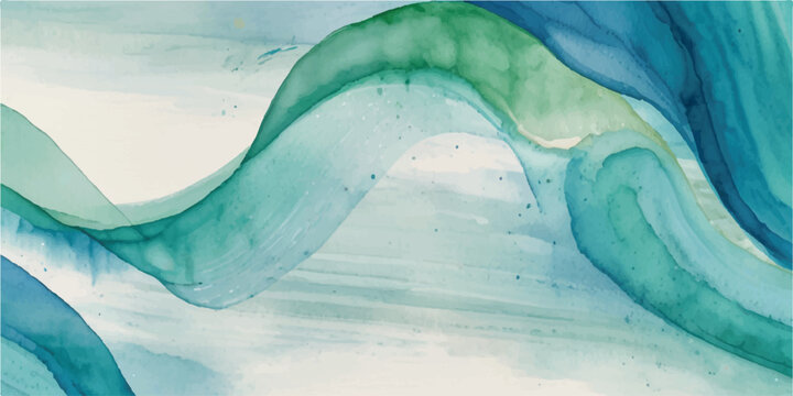 Abstract watercolor painting with flowing teal and blue waves creating a serene and fluid background perfect for artistic designs