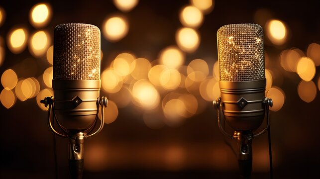 Two vintage style microphones stand ready on a dimly lit stage with warm, glowing background lights - Powered by Adobe