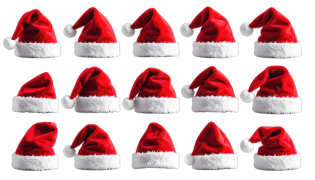 A collection of red Santa hats with white trim and pom-poms arranged in rows against a black background. - Powered by Adobe