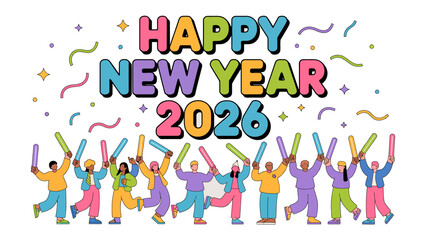 New Year Celebration: A vibrant, colorful illustration of a crowd joyfully celebrating the new year. Festive confetti rains down as the lively group welcomes the upcoming year with enthusiasm.