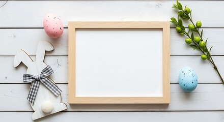 Blank wooden frame, easter bunny, speckled eggs, and green sprig on rustic white wood background. perfect festive holiday copy space for text or design.