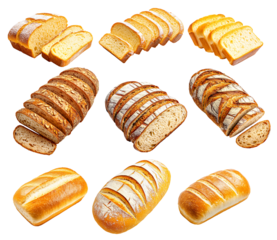 Various types of sliced artisan bread loaves with crusty and soft textures, isolated on white background, concept of bakery