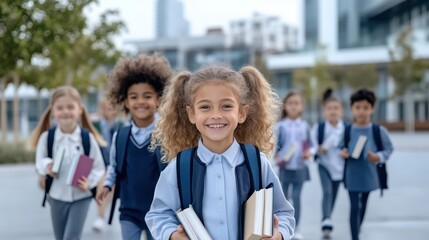 School Journey: Excited students walk towards the school, their smiling faces and backpacks full of anticipation for the day ahead. capturing the essence of education, friendship, and youth.