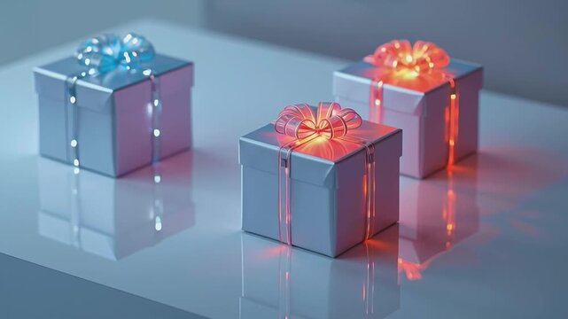 Illuminated Gifts: Three elegant gift boxes adorned with glowing fairy lights, casting a soft, inviting ambiance against a reflective surface.