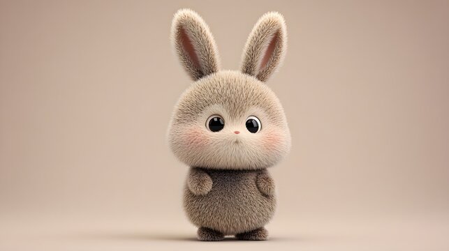 Extremely fluffy and adorable small bunny character stands against a soft muted background - Powered by Adobe