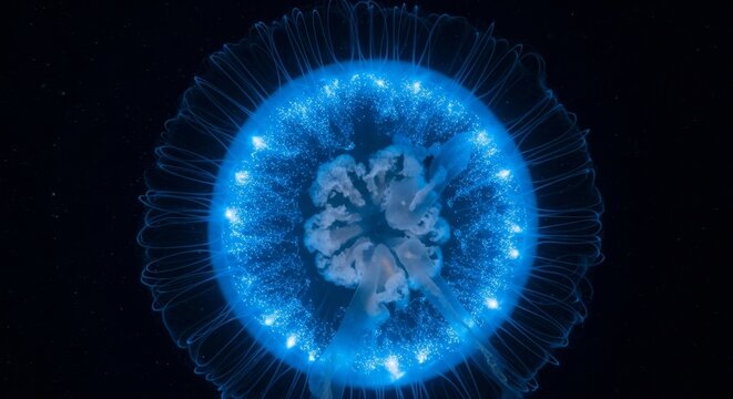 Luminous blue jellyfish with translucent bell and flowing tentacles swimming in deep dark ocean waters with bioluminescent glow effects - Powered by Adobe