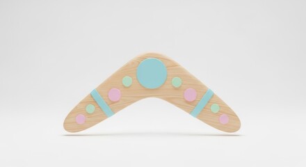Wooden boomerang with pastel colored spots and stripes on a white seamless background.