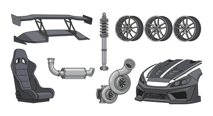 Collection of automotive performance and custom car parts including spoiler, shock absorber, wheels, seat, exhaust, turbocharger, and front bumper