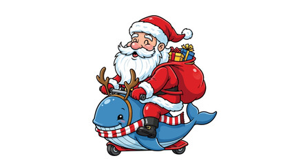 Santa Claus joyfully rides a blue whale with a red bag of gifts on its back.