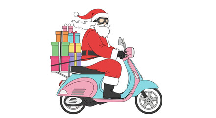 Santa Claus, wearing goggles, rides a scooter, delivering colorful gifts for Christmas.