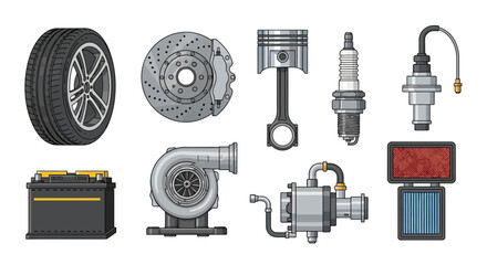 Collection of Automotive Components Tires, Pistons, and More - A Detailed Illustration Set © SIGMASTORE