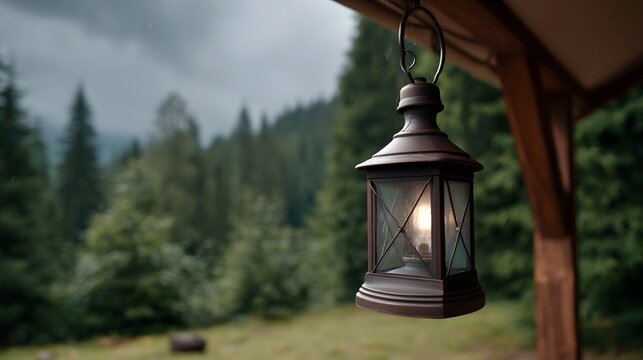 A vintage dark bronze lantern hangs from the eaves of a rustic shelter overlooking a dense moody forest under a stormy overcast sky