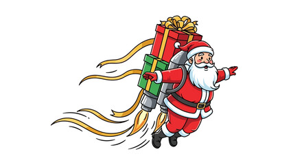 Santa Claus flying with a jetpack and a large Christmas gift on his back, delivering presents.