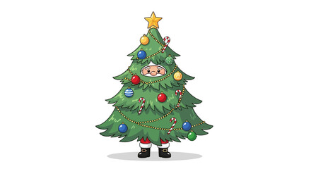 Santa Claus hiding in a decorated Christmas tree with ornaments and a star.