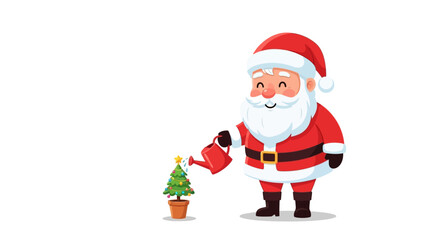 Cheerful cartoon Santa Claus watering a small potted Christmas tree with a red can.