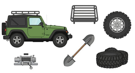 A detailed illustration set of a green off-road utility vehicle with essential adventure equipment like a winch, roof rack, shovel, and rugged tires for overland exploration © SIGMASTORE