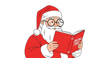 Cartoon illustration of Santa Claus wearing glasses and reading a red book titled 'Christmas Stories' against a white background.