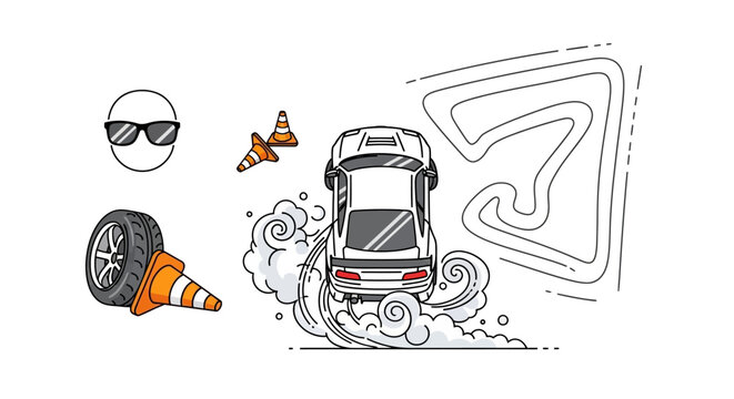 Dynamic illustration of thrilling performance driving a car drifting on a track, with traffic cones, a tire, and sunglasses, representing automotive skill