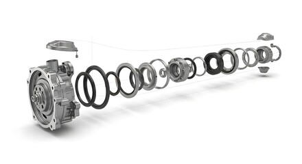 Exploded view of a complex mechanical gearbox assembly showcasing intricate components and precision engineering for industrial applications
