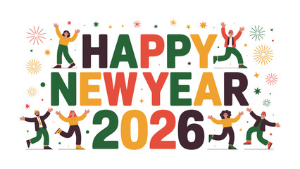 A Vibrant New Year Celebration: People rejoice with excitement. This illustration beautifully captures the spirit of new beginnings with colorful fireworks.