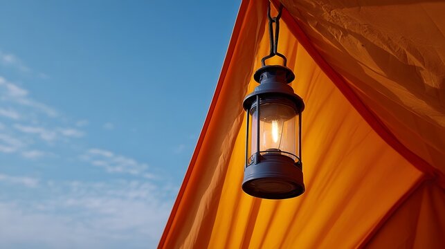 A lit vintage lantern hangs inside an orange tent against a clear blue sky at dawn - Powered by Adobe
