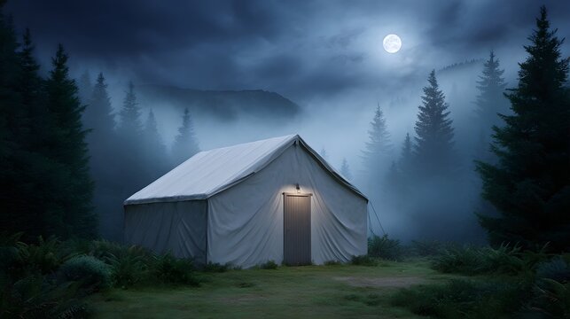 A solitary canvas tent glows with interior light nestled in a misty dark forest under a bright full moon on a serene night