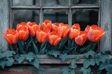 Vibrant orange tulips bloom beautifully against a weathered wooden window frame with broken panes and creeping ivy, creating a rustic, charming scene.