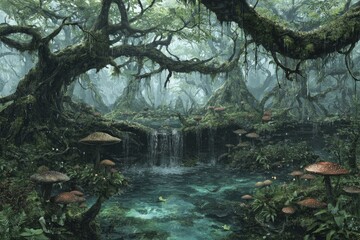 Enchanted Forest Waterfall Scene
