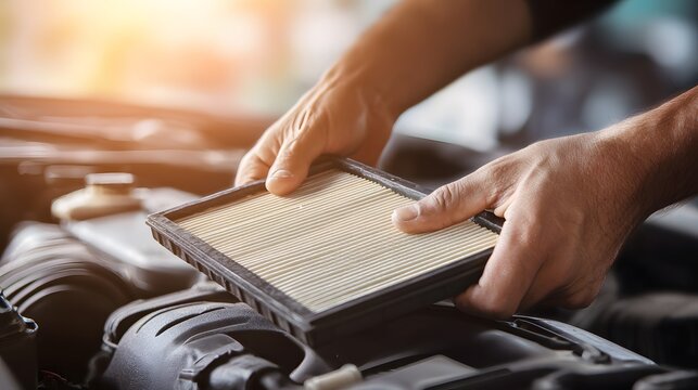 Mechanic hands carefully replacing an engine air filter inside an automobile - Powered by Adobe