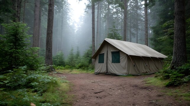 A canvas tent is pitched in a serene misty forest clearing surrounded by tall dense pine trees on a dirt path