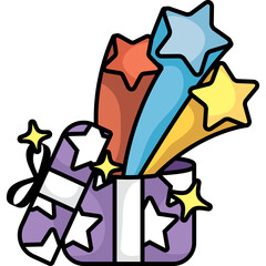 Open Gift Box With Colorful Stars And Confetti On Transparent Background